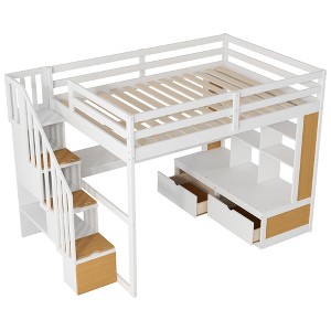 TiramisuBest Full Size Loft Bed with Desk and Shelves - Natural+White Plywood,Solid Design - 1 of 4