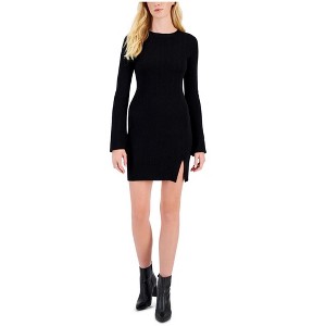 Hippie Rose Womens Ribbed Side Slit Sweater Dress, Black, Medium - 1 of 1