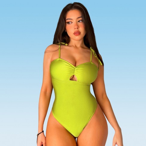 Women's Green Plus Size One Piece Ruched Cutout Halter Self Tied Bathing  Suit - Cupshe -olive-2x : Target