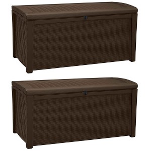 Keter Borneo 110 Gallon All Weather Weatherproof Rattan Wicker Resin Outdoor Backyard Patio Porch Deck Organization Storage Box Bench, Brown (2 Pack) - 1 of 4