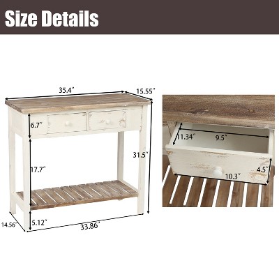 Vintage Distressed White and Natural Wood Console Table with Storage