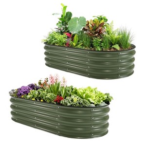 4X2x1 FT Galvanized Raised Garden Bed, 2 Pack Outdoor Oval Metal Planter Box with Open Base, Garden Bed Planter for Vegetables Flower Fruits, Green - 1 of 4