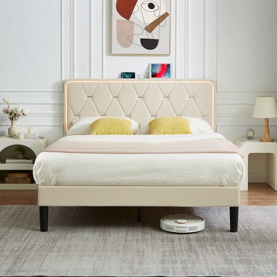 VECELO Upholstered Smart LED Bed Frame with Adjustable Headboard