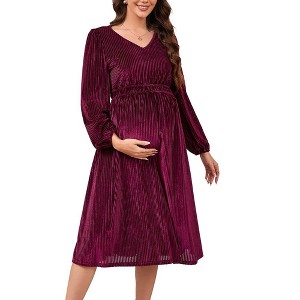 Maternity Velvet Dress V Neck Long Sleeve High Waisted Midi Dress Baby Shower Photoshoot - 1 of 4