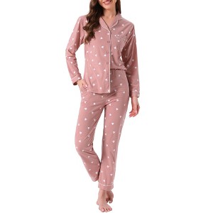 INSPIRE CHIC Women's Loungewear Button Up Cute Pattern Print Long Sleeve Notched Collar Pants Set with Pockets Pajama Set - 1 of 4