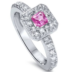 Pompeii3 1ct Princess Cut Pink Sapphire Diamond Halo Ring 14K White Gold - 1 of 4