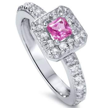 Pompeii3 1ct Princess Cut Pink Sapphire Diamond Halo Ring 14K White Gold