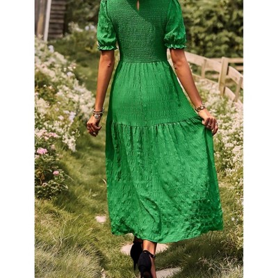 Womens Summer Puff Short Sleeve Maxi Dress Square Neck Smocked Tiered Ruffle A Line Long Flowy Beach Dresses