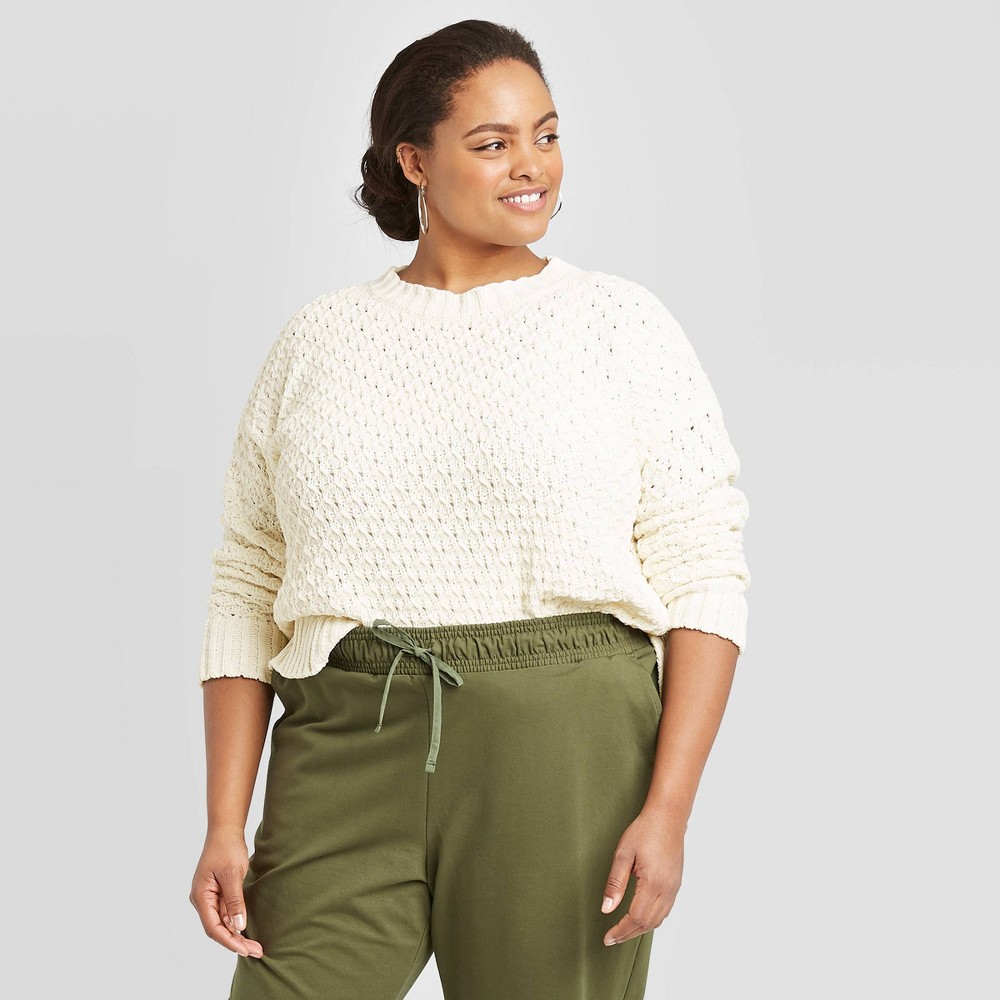 Women's Plus Size Crewneck Textured Pullover Sweater - A New Day Cream 1X, Women's, Size: 1XL, Ivory was $29.99 now $20.99 (30.0% off)