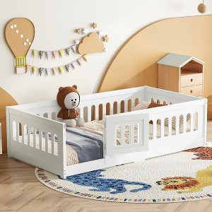 Twin Size Floor Bed with Heightened Safety Guardrails and Door - 1 of 4