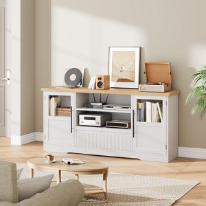 63 in Farmhouse TV Stand for TVs Up to 72 in, Wave Pattern Entertainment Center with 2 Glass Door Cabinets & 2 Open Shelves, for Living Room - 1 of 4