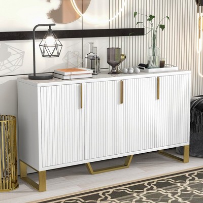 60"Modern sideboard with Four Doors, Metal handles & Legs,White