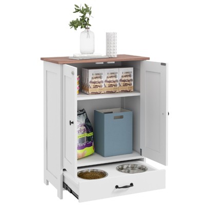 DSVIMOY Dog Feeding Station, Dog Food Storage Cabinet with Hidden Dog Bowls, Adjustable Panel, Hooks for Medium Sized Dogs, Black, 23.6"*13.8"*31.5"