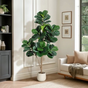 Garvee 4/5/6/7FT Fiddle Leaf Fig Tree Artificial with Leaves - Realistic Faux Ficus Lyrata Trees in Grey Planter Pot, Indoor Fake Floor Plants - 1 of 4
