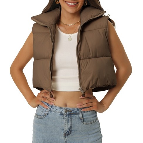 Warm Jackets For Women 2022 Winter Drawstring Coat Brown Quilted Crop Top Puffer  Vest Zipper Streetwear sleeveless Outerwear