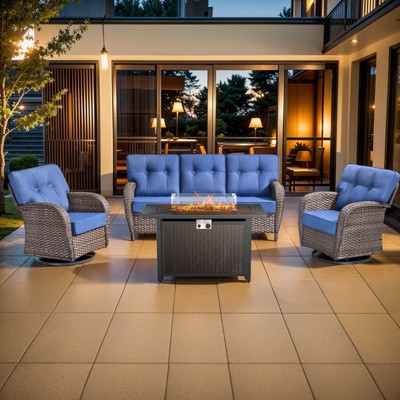 Buenhomino 4PCS PE Rattan Conversation Set with Outdoor Fire Table, Brown Wicker Swivel Patio Chairs with Sofa and Propane Fire Pit Table
