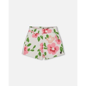 Deux par Deux Girl Printed French Terry Short Pink Flowers on White Background - 1 of 4