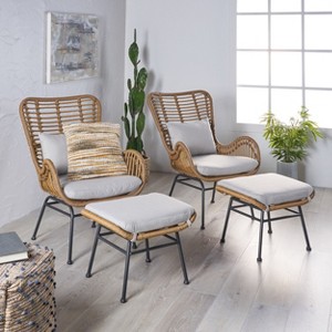 GDFStudio Izidro Indoor Boho Modern Wicker 4 Piece Club Chair and Ottoman Set - 1 of 4