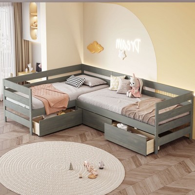 Lycvki Twin Size L-shaped Platform Bed with 3 Storage Drawers