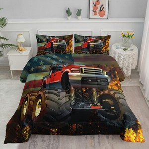 Truck Comforter Set Full Size – 3Pcs Retro Tractor Bedding with American Flag & Fire Print, Quilt Set for Boys Men Kids, Rustic Farmhouse Decor - 1 of 4