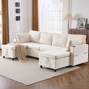 Whisen 113.4" Sectional Sofa, Pull-out Sofa Bed, Versatile Couch with Large Storage Space, Two Cup Holders - 1 of 4
