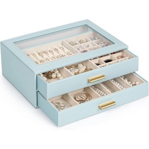 Leather Jewelry Box with Clear Lid, 2-Drawer Storage Organizer Case for Necklaces, Rings, Earrings, Bracelets - 1 of 4