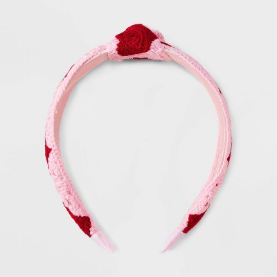 Valentine's Day Crochet Heart Top Knot Headband - Pink/Red