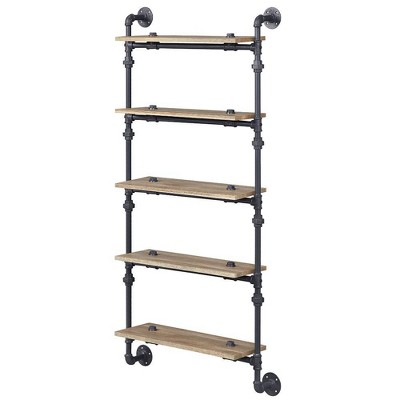 59" Industrial Oak and Black Wall-Mounted Bookshelf