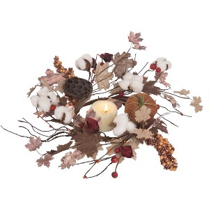 Transpac Burlap 16 in. Multicolor Autumn Cotton Blossom Candle Ring - 1 of 2