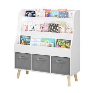 TopComfy Decorative Bookshelf Kids Bookshelf with 3 Fabric Storage Bins Front Facing Book Rack with Pine Legs for Playroom, White, 34.65"*14.17"*6.5" - 1 of 4
