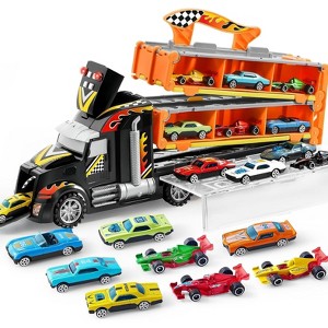 SYNCFUN Carrier Truck Toys, 5-FT Race Track and 12 Die-Cast Toy Cars, Racing Car with Lights & Sounds, Truck Toy Gift for 2 3 4 5 Years Old Boys Girls - 1 of 4