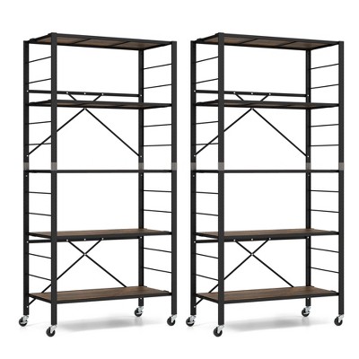 Costway 2 PCS 5-Tier Folding Shelf Free DIY Design Shelving Unit with 4 Universal Wheels Black/Natural