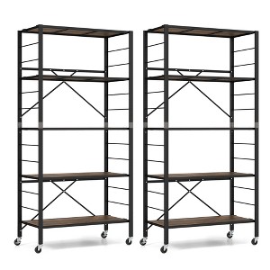 Costway 2 PCS 5-Tier Folding Shelf Free DIY Design Shelving Unit with 4 Universal Wheels Black/Natural - 1 of 4