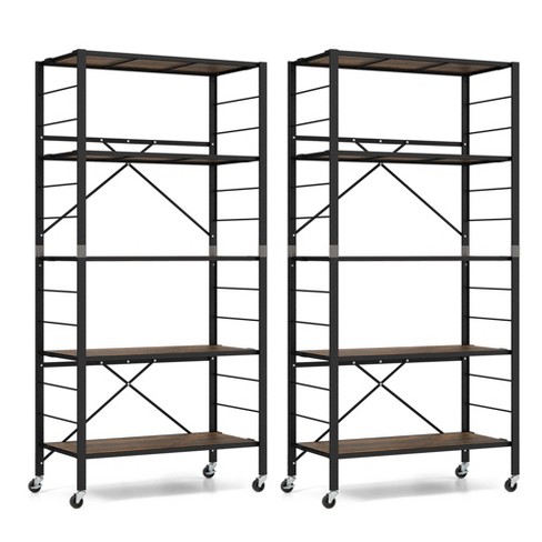 Costway 2 PCS 5-Tier Folding Shelf Free DIY Design Shelving Unit with 4 Universal Wheels Black/Natural - image 1 of 4