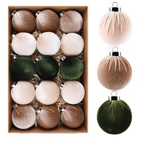 Aoibox Velvet Christmas Tree Ornaments 15pcs Pack Shatterproof Multicolor Balls Green Brown Neutral 3.15 Inch Lightweight Holiday Decor - 1 of 4