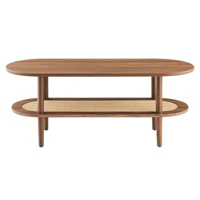 Walnut Oval Coffee Table with Rattan Shelf and Wood Grain Finish