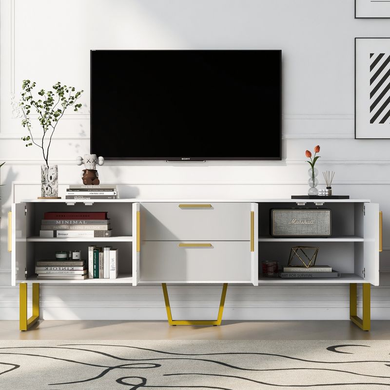 Modern Wood TV Stand for TVs up to 75" with Gold Metal Legs, Handles and Drawers - ModernLuxe, 2 of 11
