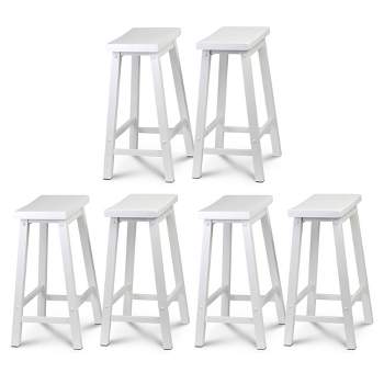PJ Wood Classic Saddle-Seat 24" Tall Kitchen Counter Stools for Homes, Dining Spaces, and Bars w/Backless Seats, 4 Square Legs, White (6 Pack)