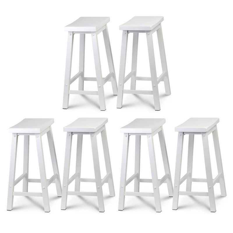 PJ Wood Classic Saddle-Seat 24" Tall Kitchen Counter Stools for Homes, Dining Spaces, and Bars w/Backless Seats, 4 Square Legs, White (6 Pack), 1 of 7