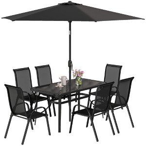 Outsunny 8 Piece Patio Furniture Set with Umbrella, Outdoor Dining Table and Chairs, 6 Chairs, Push Button Tilt and Crank Parasol, Glass Top - 1 of 4