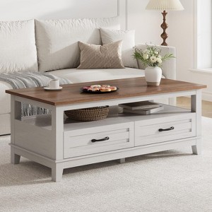 Farmhouse Coffee Table with Drawers, 47.2" Center Table Rustic Coffee Tables Walnut Center Table with Open Shelf, 6 Support Legs - 1 of 4