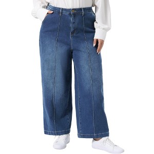 Women's Plus Size Wide Leg Baggy Washed Stretch with Pockets Denim Ankle Jeans - Agnes Orinda - 1 of 4