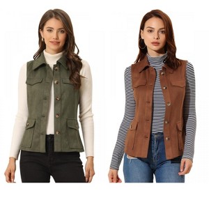 INSPIRE CHIC Women's Buttoned Sleeveless Faux Suede Utility Vest with Cargo Pocket 2 Packs - 1 of 4