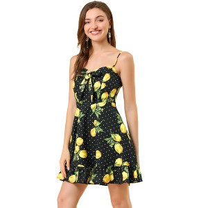 Allegra K Women's Floral Ruffle Bow Knot Lemon Spaghetti Strap Mini Sundress - 1 of 4