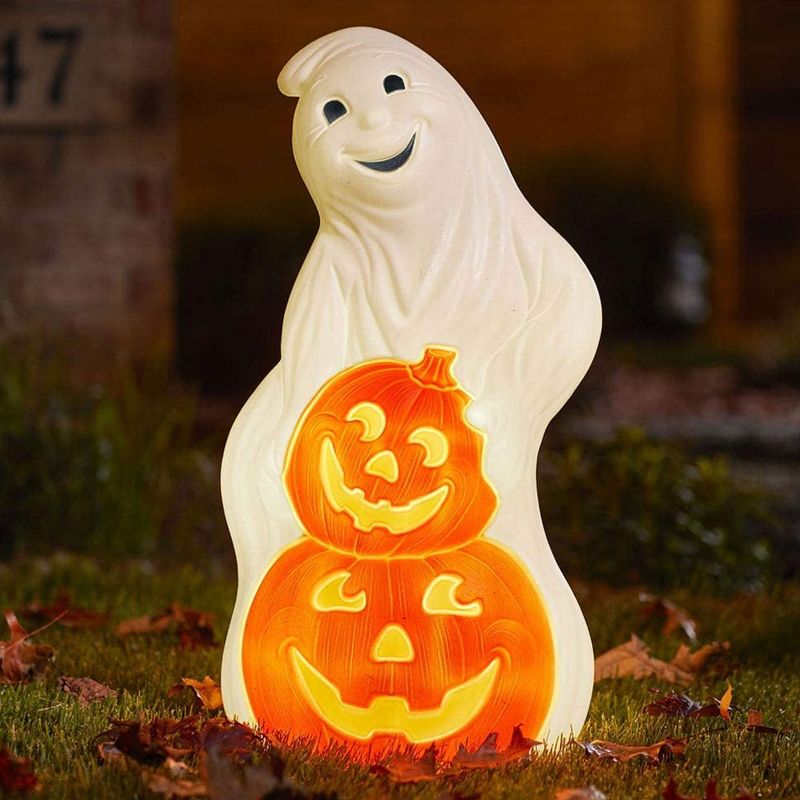 Union Products 56480 60-Watt Light Up Ghost and Pumpkin Halloween Outdoor Garden Statue Decoration Made from Blow-Molded Plastic, White/Orange, 4 of 7