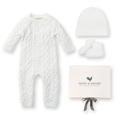 Hope & Henry Baby 4 Piece Cable Knit Sweater Romper, Hat, & Bootie Boxed Gift Set, Infant