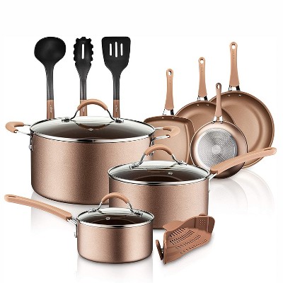 NutriChef Metallic Nonstick Ceramic Cooking Kitchen Cookware Pots and Pan Set with Lids, Utensils, and Cool Touch Handle Grips 14 Piece Set, Bronze
