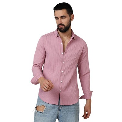 Campus Sutra Men Men's Salmon Pink Self-Design Striped Shirt