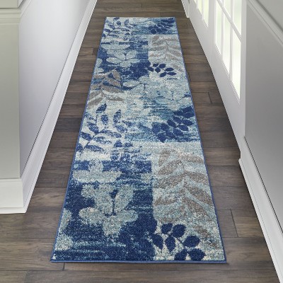 Navy and Light Blue Floral Synthetic Runner Rug
