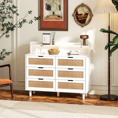43" 6 Drawer Rattan Dresser for Bedroom, Double Chest of Drawers, Wood Storage Cabinet, Storage Dressers Organizer for Bedroom Hallway Entryway